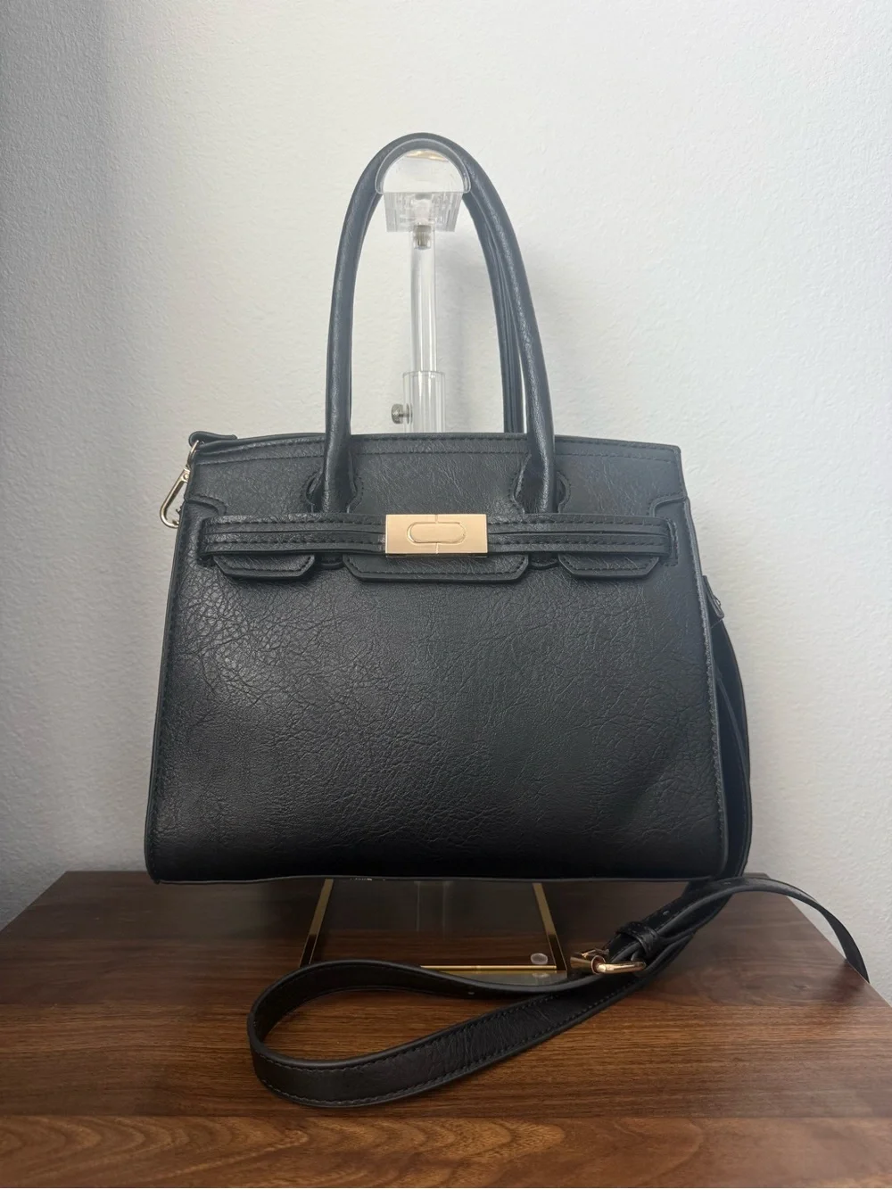Black Structured Top Handle Handbag with Detachable Crossbody Strap - Old Money